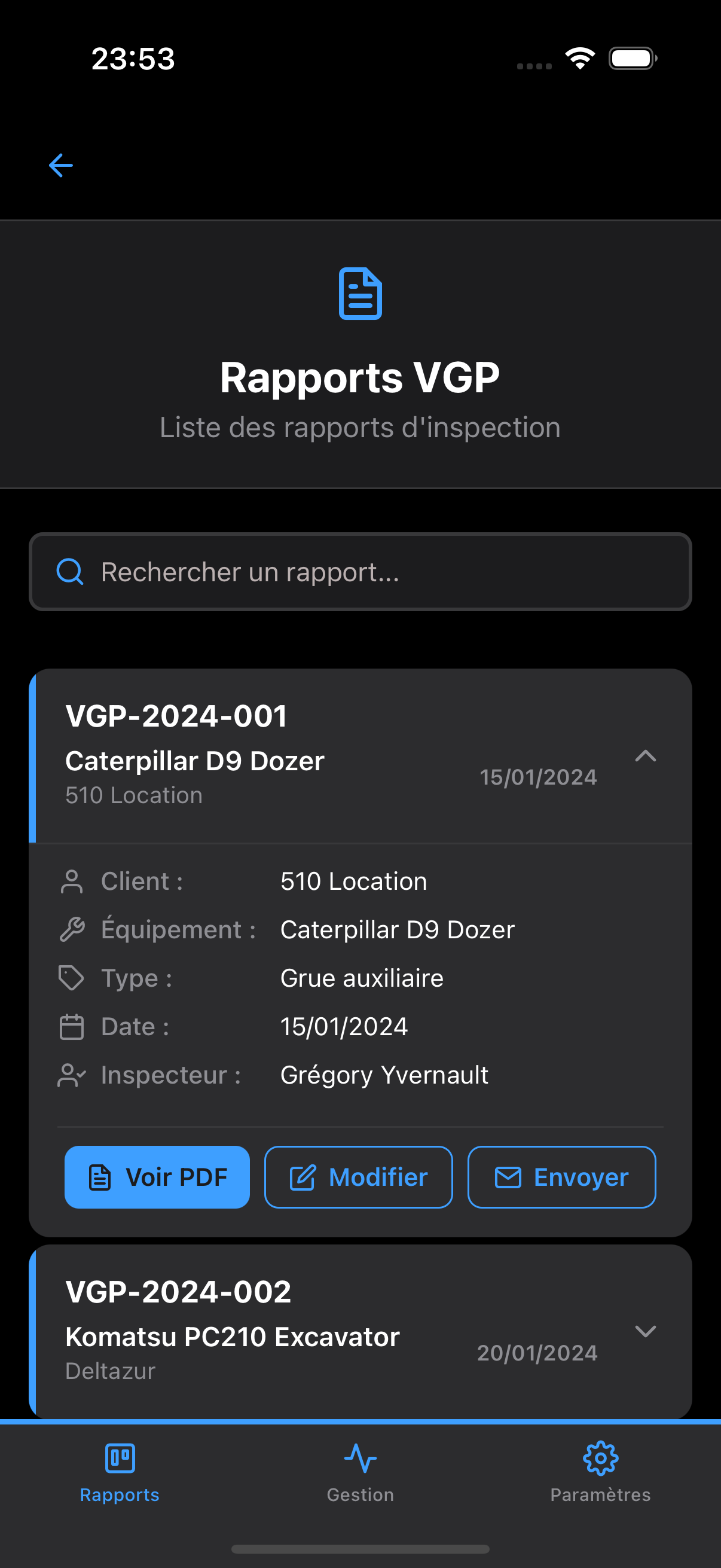 Liste des rapports VGP - Interface mobile ManuBTP